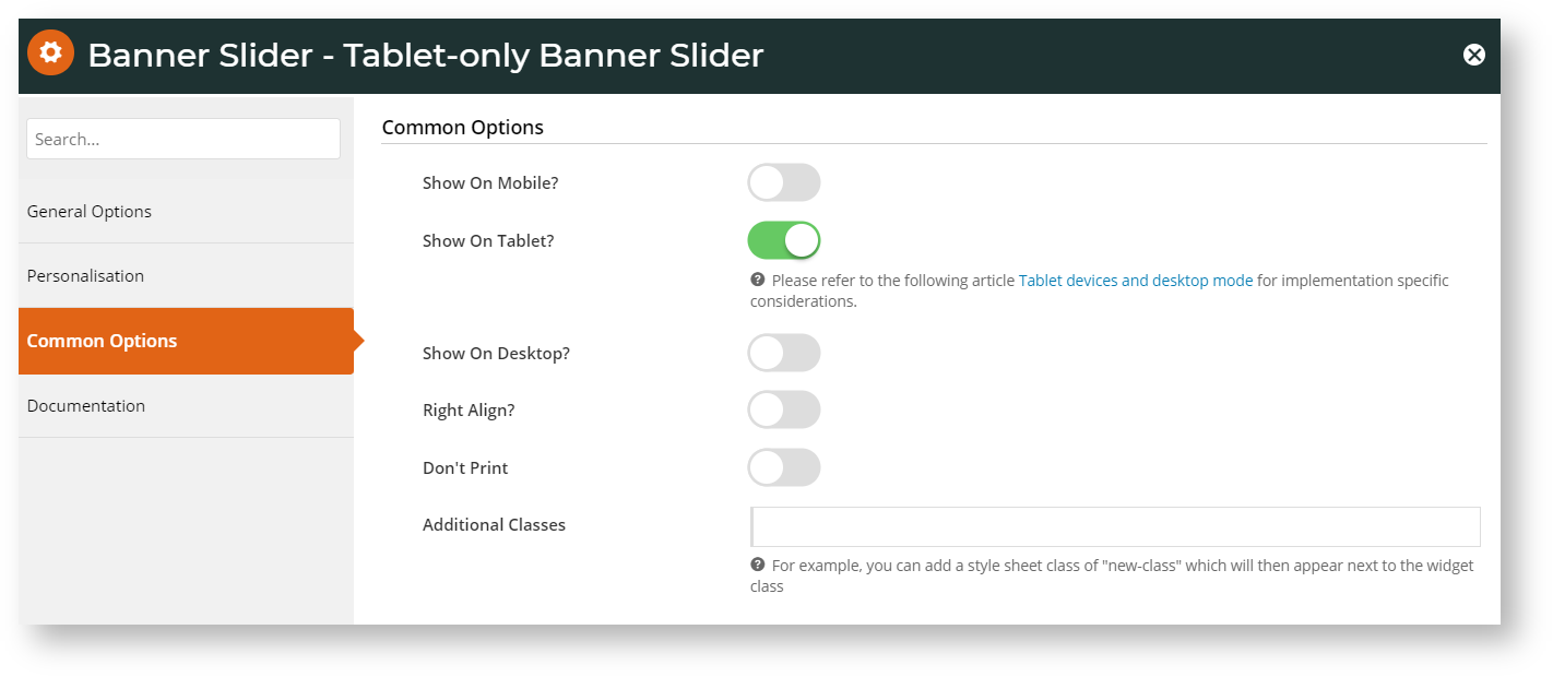 Banner Slider widget enabled for Tablet only in CMS