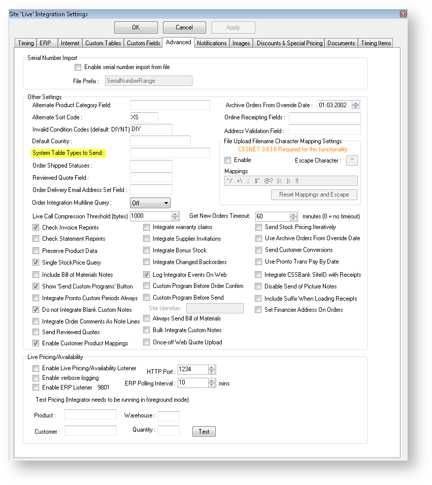 Integrator Settings - Advanced - System Table Types to Send
