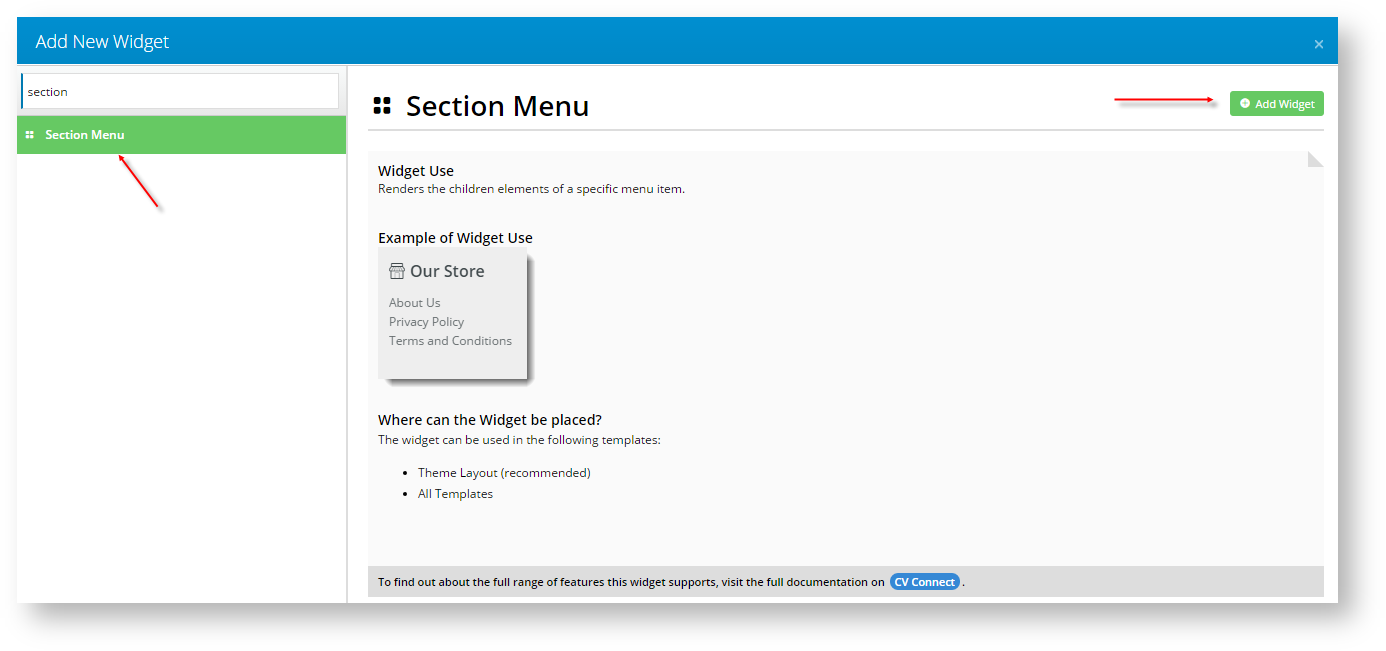 Adding the Section Menu widget to Theme Layout