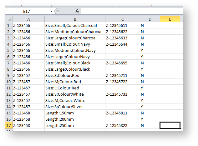 Example Product Attribute SKU Details spreadsheet
