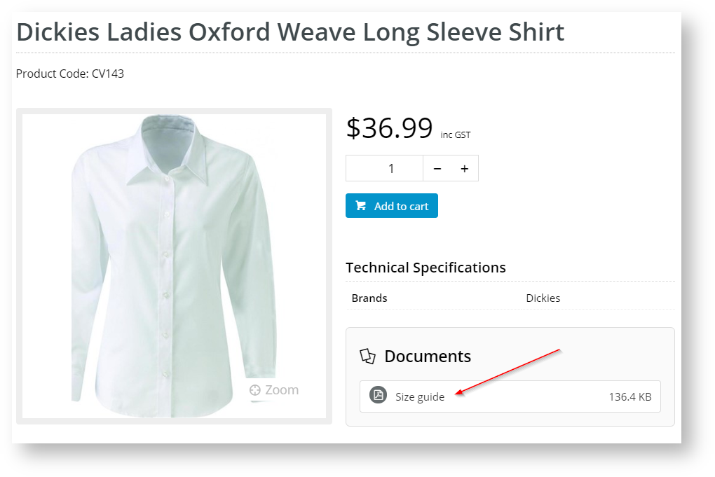 Product page with size guide PDF link